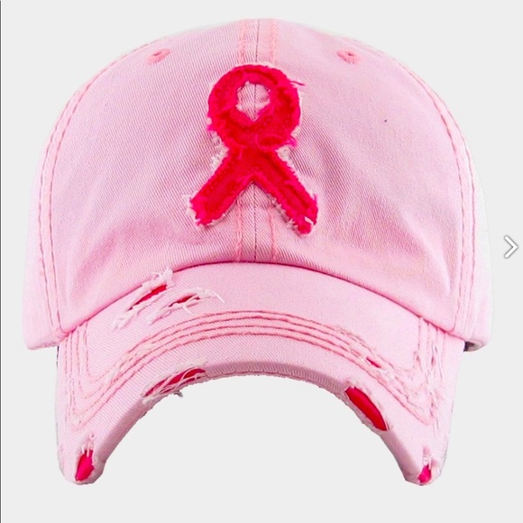 Distressed Denim Pink Ribbon Cancer Awareness Baseball Cap - Picture 2 of 3